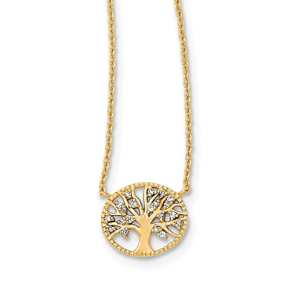 Sterling Silver Polished Gold-plated Tree with CZ Necklace-WBC-QG3965-16