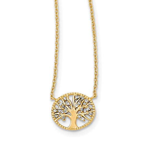 Sterling Silver Polished Gold-plated Tree with CZ Necklace-WBC-QG3965-16