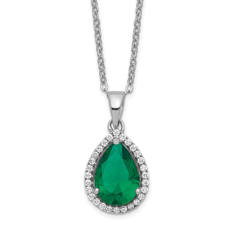 Sterling Silver Rhodium Simulated Emerald & CZ Necklace-WBC-QG4069MAY-18