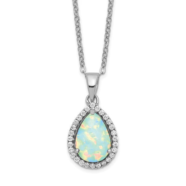 Sterling Silver Rhodium Polished Simulated Opal & CZ Necklace-WBC-QG4069OCT-18