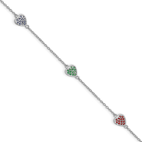 Sterling Silver 6in Plus 1in ext Red/Green/Blue Glass Heart Bracelet-WBC-QG4080-6