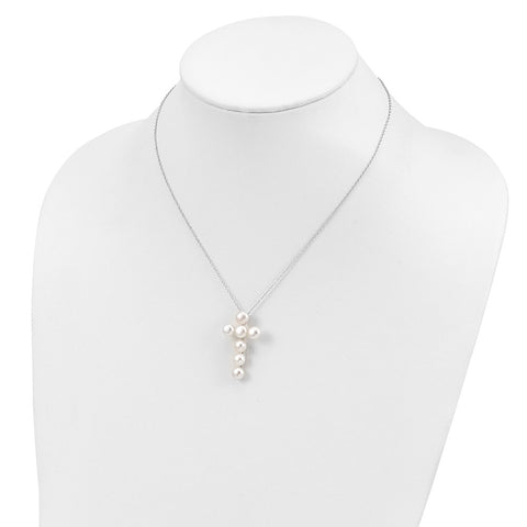 Sterling Silver Rhodium-plated 6-7mm White FWC Pearl Cross Necklace-WBC-QG4100-17