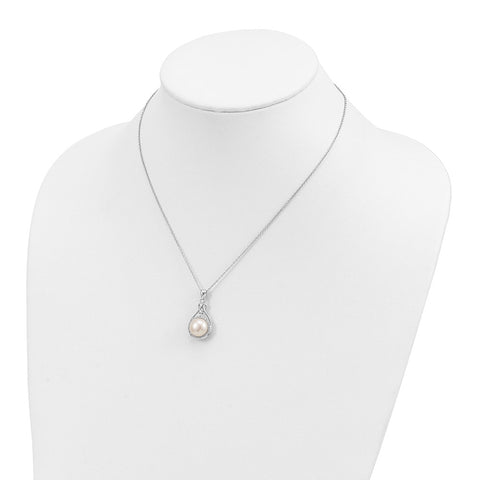 Sterling Silver Rhodium-plated 10-11mm White FWC Pearl CZ Necklace-WBC-QG4101-17