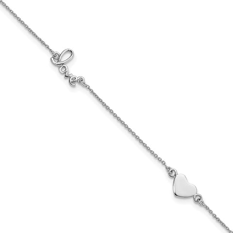 Sterling Silver Rhodium-plated Heart and LOVE 9in Plus 1in ext. Anklet-WBC-QG4187-9