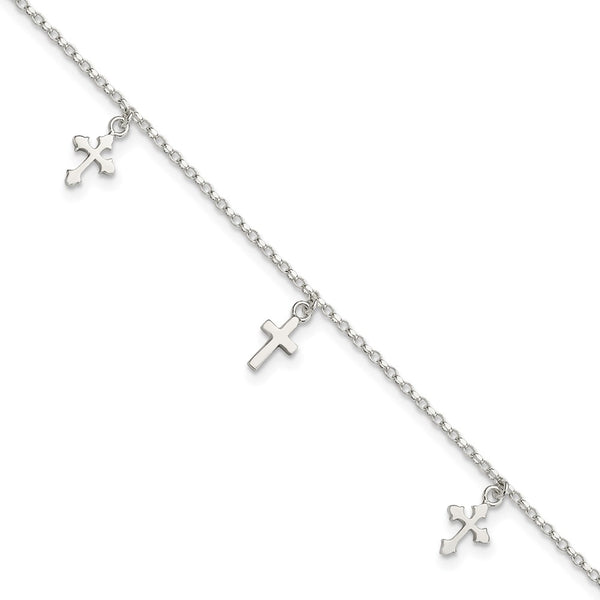 Sterling Silver Polished Cross Dangle 9in Plus 1in Ext Anklet-WBC-QG4214-9