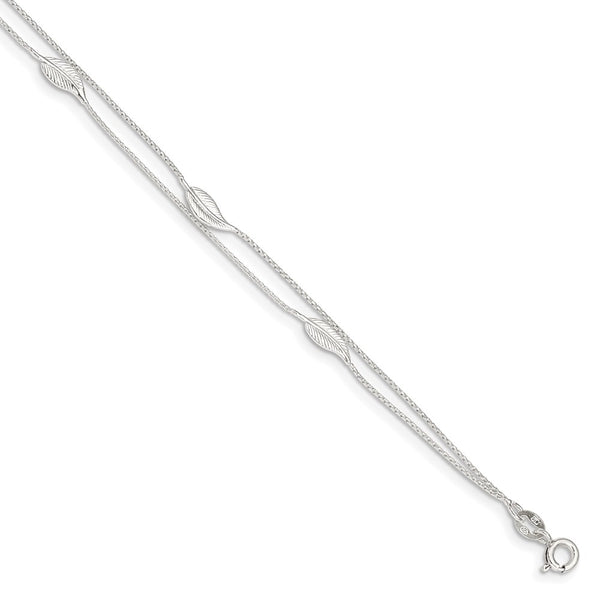 Sterling Silver Polished 2-Strand Feather 9in Plus 1in Ext Anklet-WBC-QG4217-9