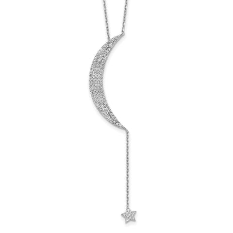 Sterling Silver Rhod-plated CZ Moon and Star w/2in ext. Necklace-WBC-QG4320-16