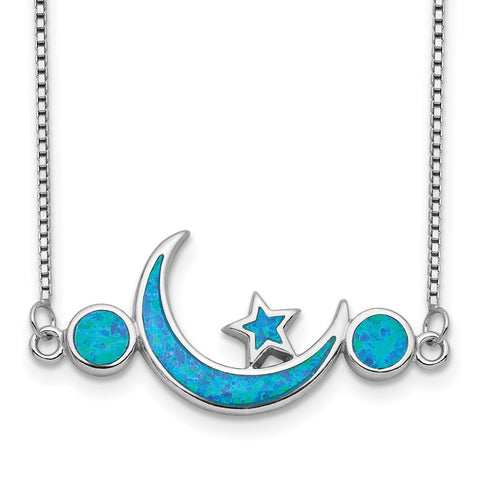 Sterling Silver Rhod-plated Created Opal Moon and Star Necklace-WBC-QG4328-19