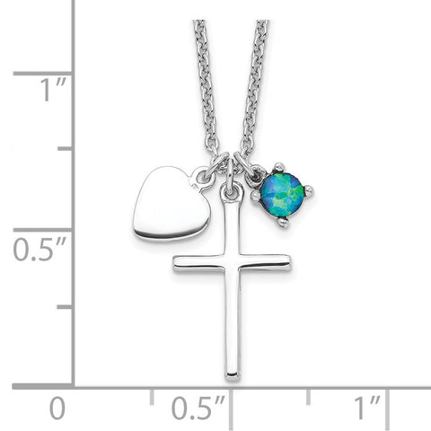 Sterling Silver Rhodium-plated Created Blue Opal Cross Necklace-WBC-QG4400-18