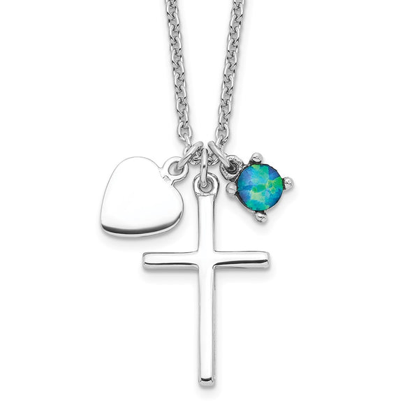 Sterling Silver Rhodium-plated Created Blue Opal Cross Necklace-WBC-QG4400-18