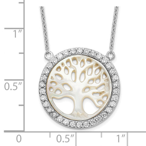 Sterling Silver Rhodium-plated MOP Tree w/CZ w/2in ext. Necklace-WBC-QG4464-16