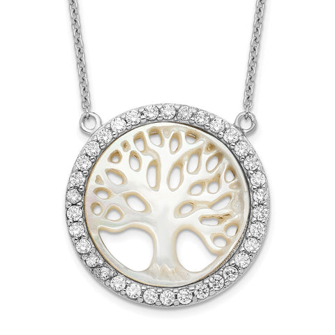 Sterling Silver Rhodium-plated MOP Tree w/CZ w/2in ext. Necklace-WBC-QG4464-16