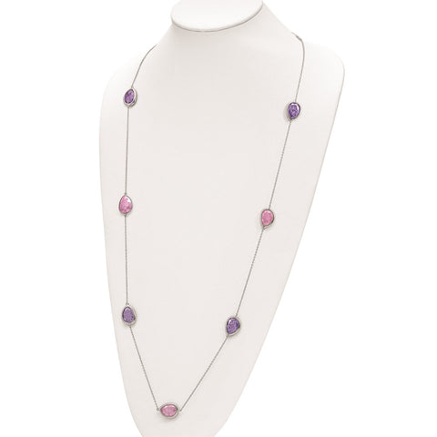 Sterling Silver Rhodium-plated Purple/Pink Ice CZ 9-Station Necklace-WBC-QG4630-36