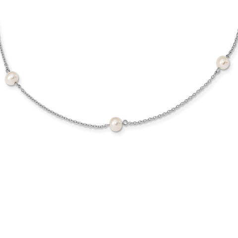 Sterling Silver RH-plated Childs 5-5.5mm FWC Pearl 5-Station Necklace-WBC-QG4662-12