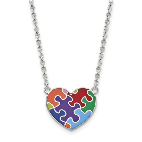 Sterling Silver Rhod-plated Enameled Autism Heart Necklace-WBC-QG4677-18