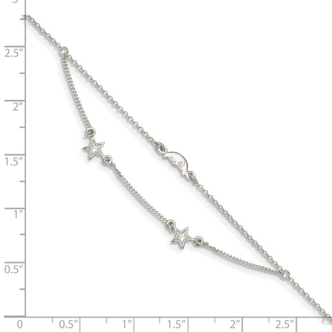 Sterling Silver 2-Strand Moon and Stars 9in Plus 1in Ext. Anklet-WBC-QG4725-9