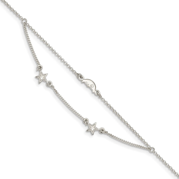 Sterling Silver 2-Strand Moon and Stars 9in Plus 1in Ext. Anklet-WBC-QG4725-9