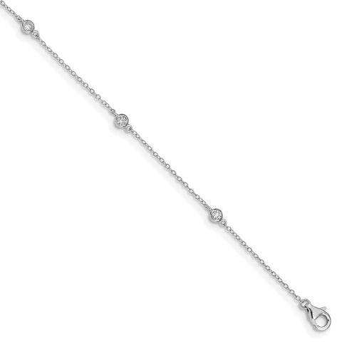 Sterling Silver Rhodium-plated Bezel CZ 9in Plus 2in Ext. Anklet-WBC-QG4726-9
