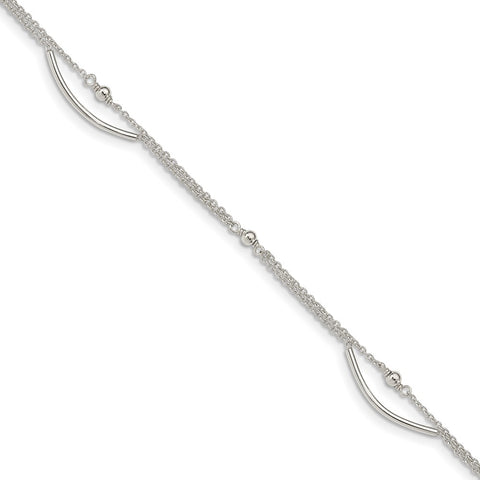 Sterling Silver 2-Strand Curved Bar Beaded 9in Plus 1in ext. Anklet-WBC-QG4728-9