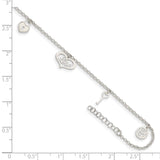 Sterling Silver Love Themed Dangles 9in Plus 1in Ext. Anklet-WBC-QG4729-9