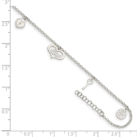 Sterling Silver Love Themed Dangles 9in Plus 1in Ext. Anklet-WBC-QG4729-9