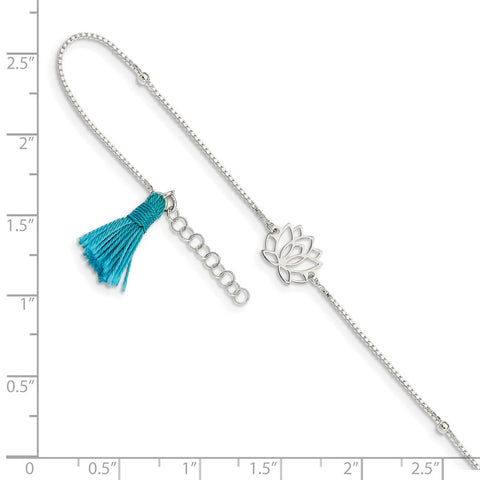 Sterling Silver Lotus w/Blue Fabric Tassel 9in Plus 1in ext. Anklet-WBC-QG4735-9