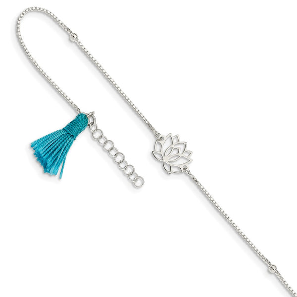 Sterling Silver Lotus w/Blue Fabric Tassel 9in Plus 1in ext. Anklet-WBC-QG4735-9