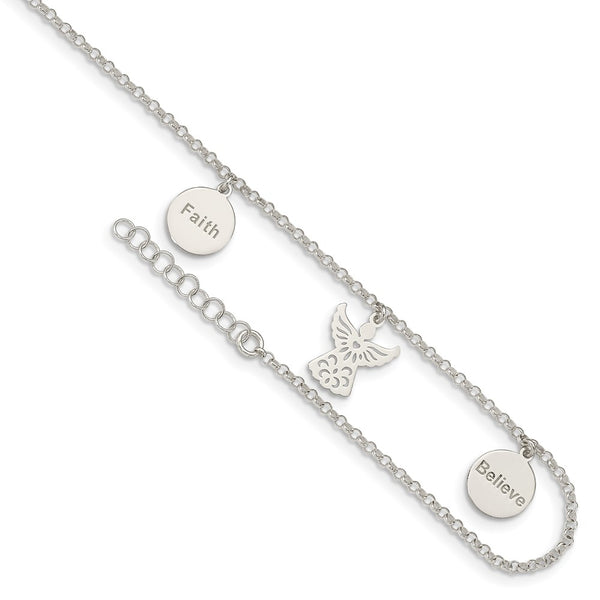 Sterling Silver Faith, Believe and Angel Dangles 9in Plus 1in Ext. Anklet-WBC-QG4736-9