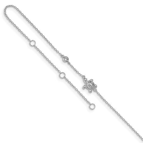 Sterling Silver Rhodium-plated CZ Turtle 9in Plus 2in Ext Anklet-WBC-QG4742-9