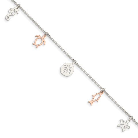 Sterling Silver Rose-tone Seashore Dangles 9in Plus 1in Ext. Anklet-WBC-QG4745-9