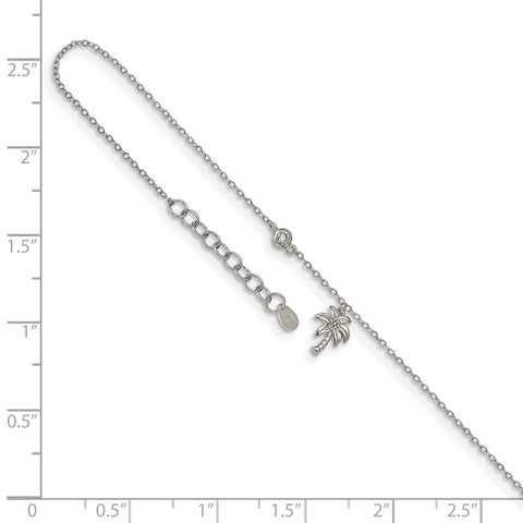 Sterling Silver Rhodium-plated CZ and Palm Tree 9in Plus 1in Ext. Anklet-WBC-QG4746-9