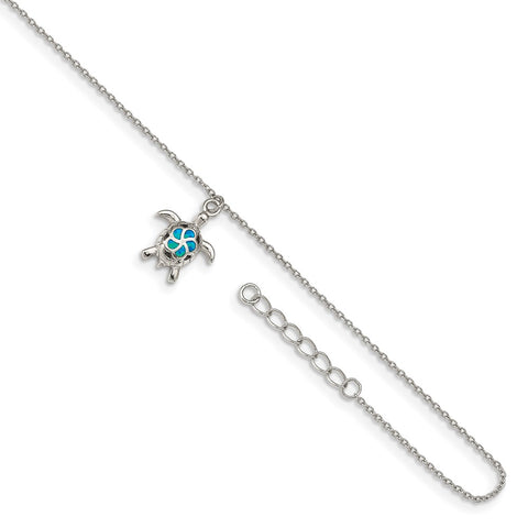 Sterling Silver RH-plated Created Opal Turtle 9in Plus 1in Ext. Anklet-WBC-QG4748-9