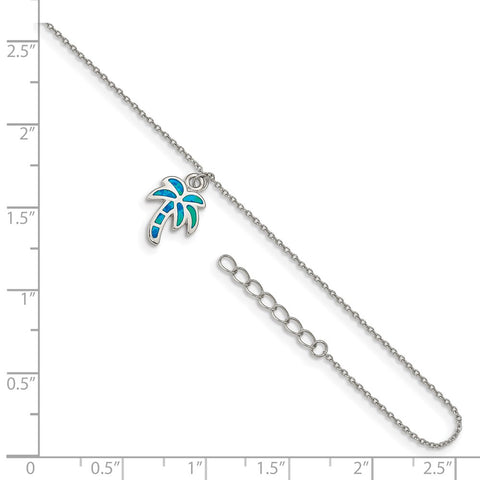 Sterling Silver RH-plated Created Opal Palm Tree 9in Plus 1in Ext. Anklet-WBC-QG4750-9
