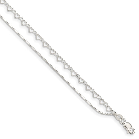 Sterling Silver Polished Double Strand Hearts 9in Plus 1in ext Anklet-WBC-QG4756-9