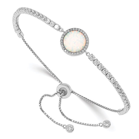 Sterling Silver RH-plated Created Opal and CZ Adjustable Bracelet-WBC-QG4774