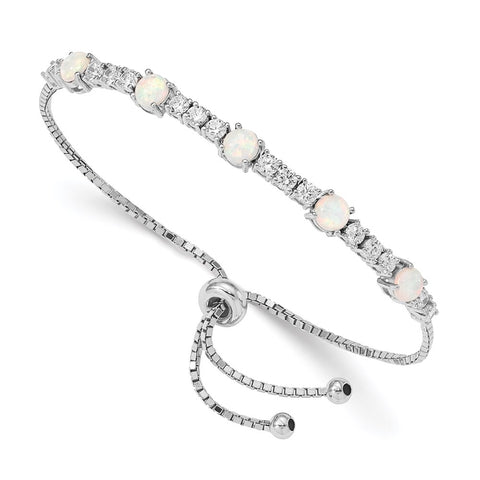 Sterling Silver RH-plated Created Opal and CZ Adjustable Bracelet-WBC-QG4776