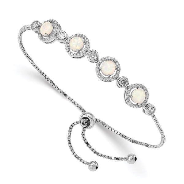 Sterling Silver RH-plated Created Opal and CZ Adjustable Bracelet-WBC-QG4777