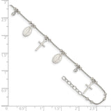 Sterling Silver CZ Cross and Mary Charm 9in Plus 1in Ext Anklet-WBC-QG4795-9