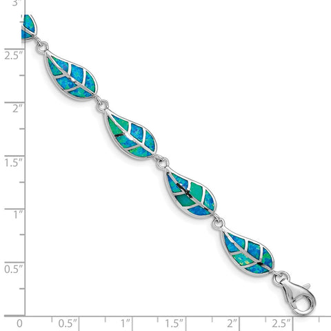 Sterling Silver Rhodium-plated Lab Created Opal Inlay Leaf Bracelet-WBC-QG4823-7.5