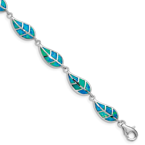 Sterling Silver Rhodium-plated Lab Created Opal Inlay Leaf Bracelet-WBC-QG4823-7.5