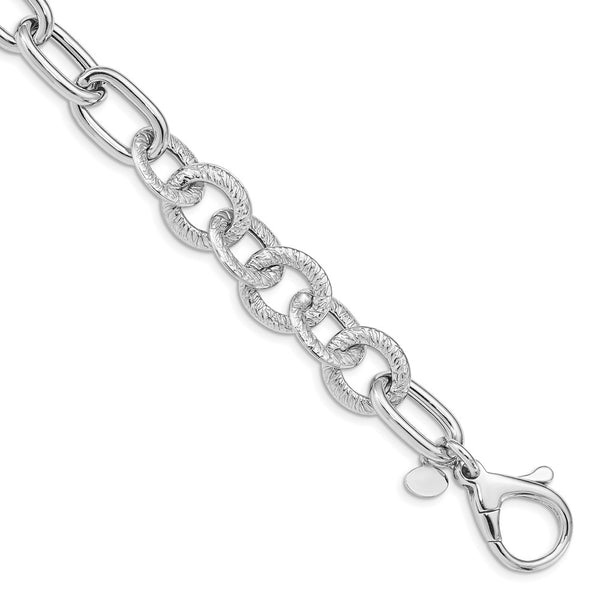 Sterling Silver Rhodium Plated Polished Textured Fancy Link Bracelet-WBC-QG4845-8