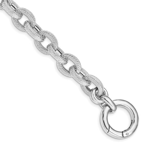 Sterling Silver Rhodium Plated Polished Striped Link Bracelet-WBC-QG4867-7.5