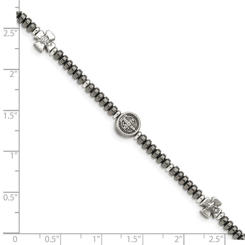 Sterling Silver Antiqued Black Bead with Crosses Bracelet-WBC-QG4873-8