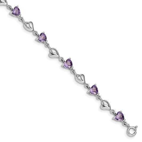 Sterling Silver Rhodium-plated Purple Crystal Hearts w/1in ext Bracelet-WBC-QG4919-6.5