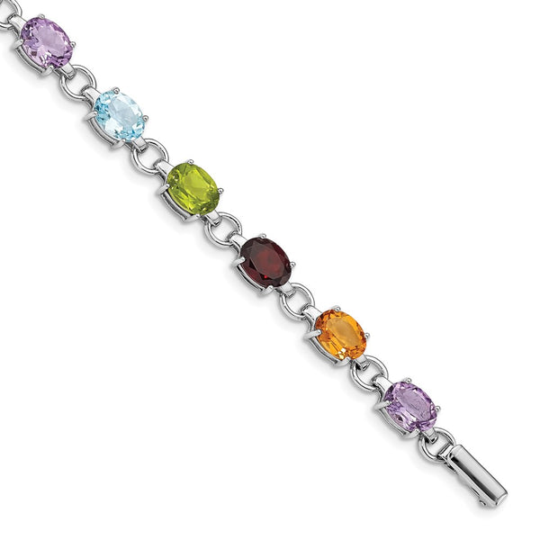 Sterling Silver Rhodium-plated Oval Multi-gemstone Bracelet-WBC-QG4926-7.25