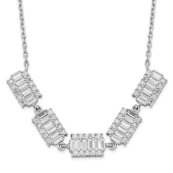 Sterling Silver Rhodium-plated Baguette CZ Bars w/ 1in ext. Necklace-WBC-QG4937-16