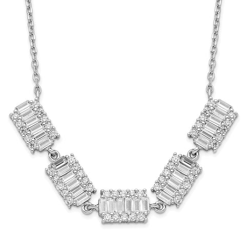 Sterling Silver Rhodium-plated Baguette CZ Bars w/ 1in ext. Necklace-WBC-QG4937-16