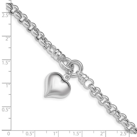 Sterling Silver Polished Rolo w/ Dangle Heart Charm Bracelet-WBC-QG4952-8