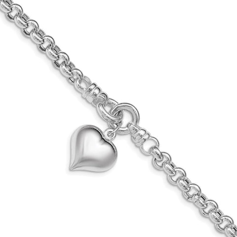 Sterling Silver Polished Rolo w/ Dangle Heart Charm Bracelet-WBC-QG4952-8