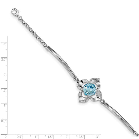 Sterling Silver RH-plated Clear/Blue Crystal Flower w/1in ext Bracelet-WBC-QG4954-7